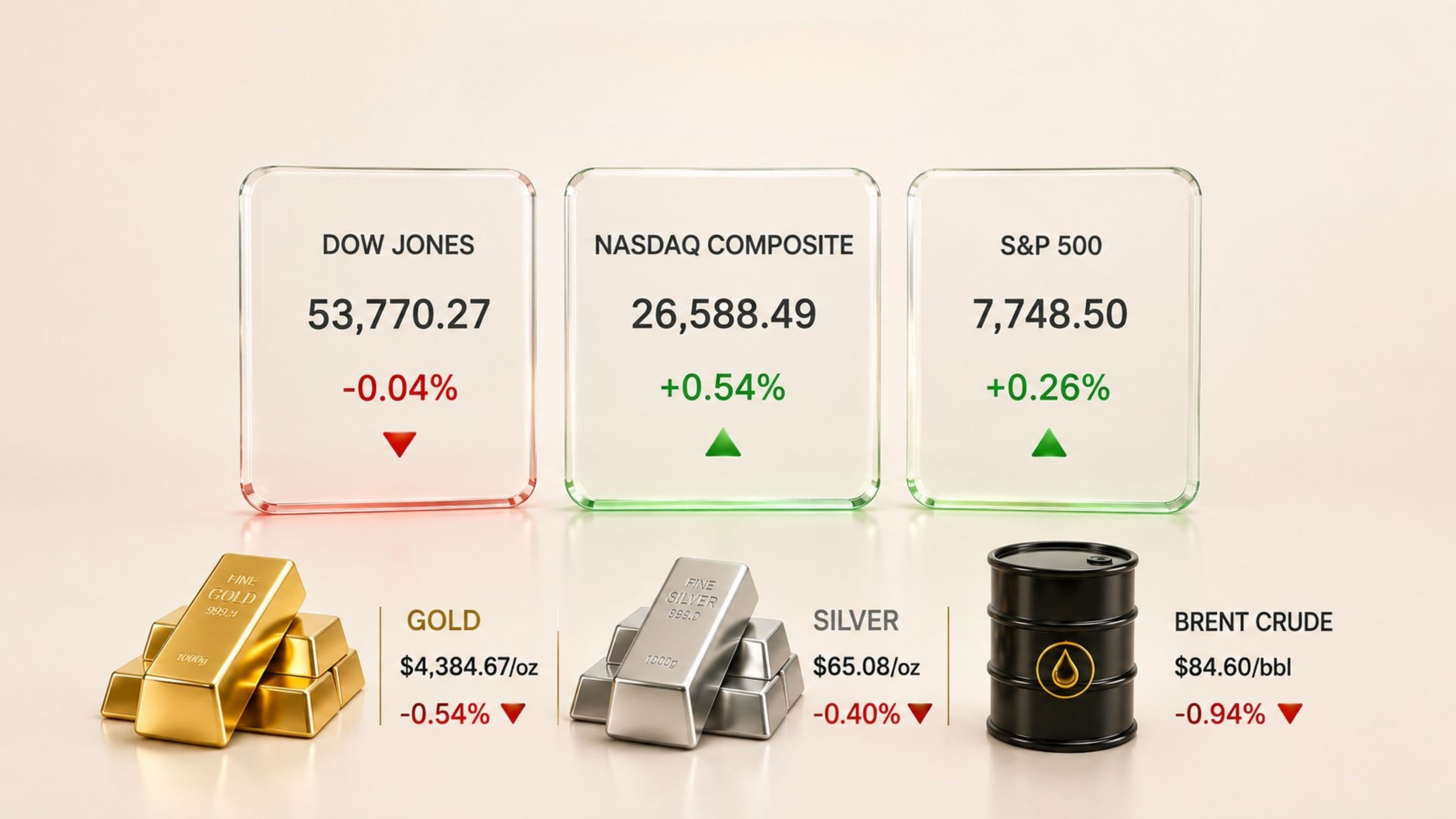August 13, 2026 - Dow Falls 0.04% to 53,770.27, Gold Drops 0.54% to $4,384.67 and Brent Falls 0.94% to $84.60
