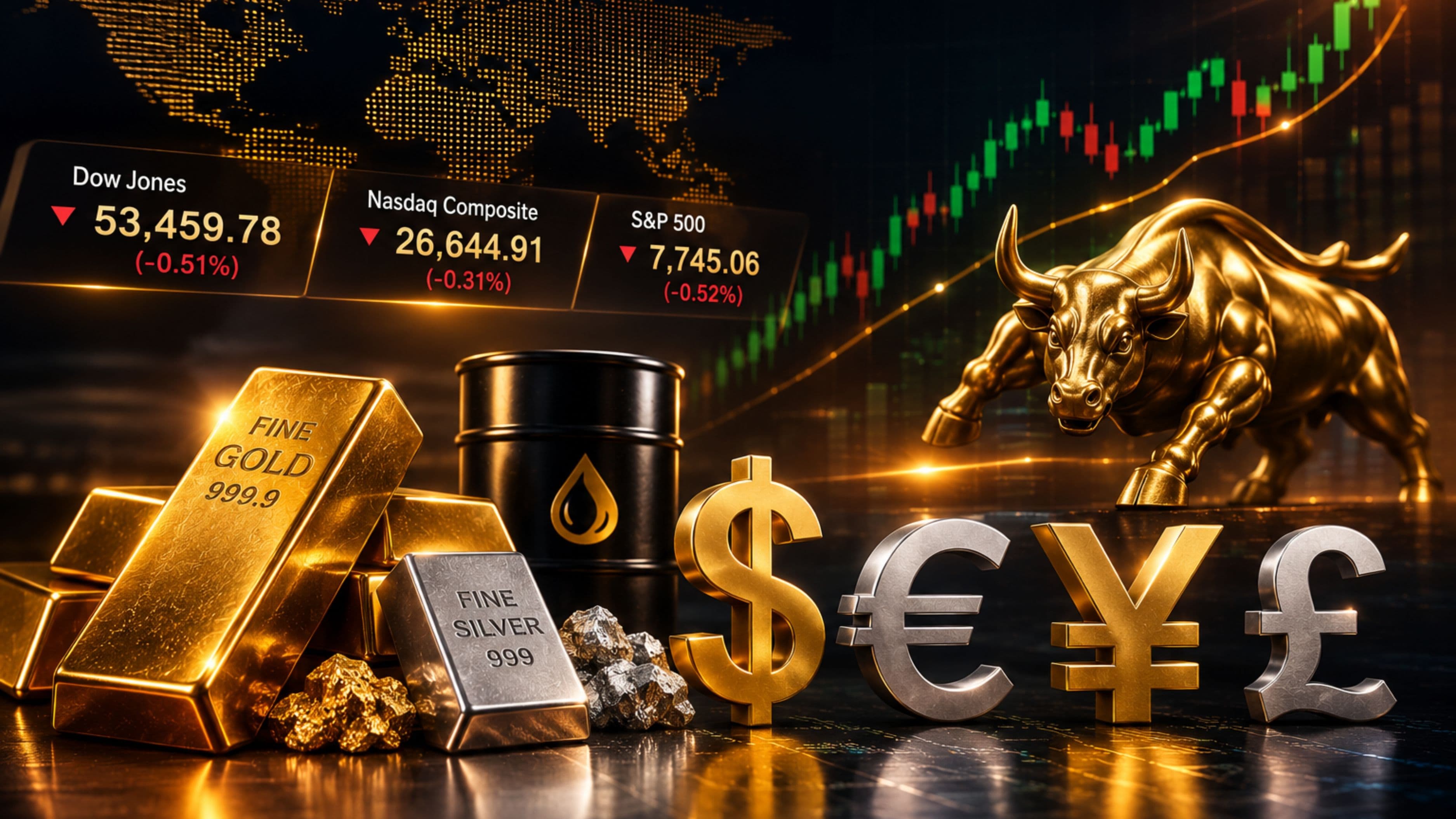 August 18, 2026 - Dow Falls 0.51% to 53,459.78, Gold Falls 0.51% to $4,394.44 and Brent Rises 0.62% to $87.41