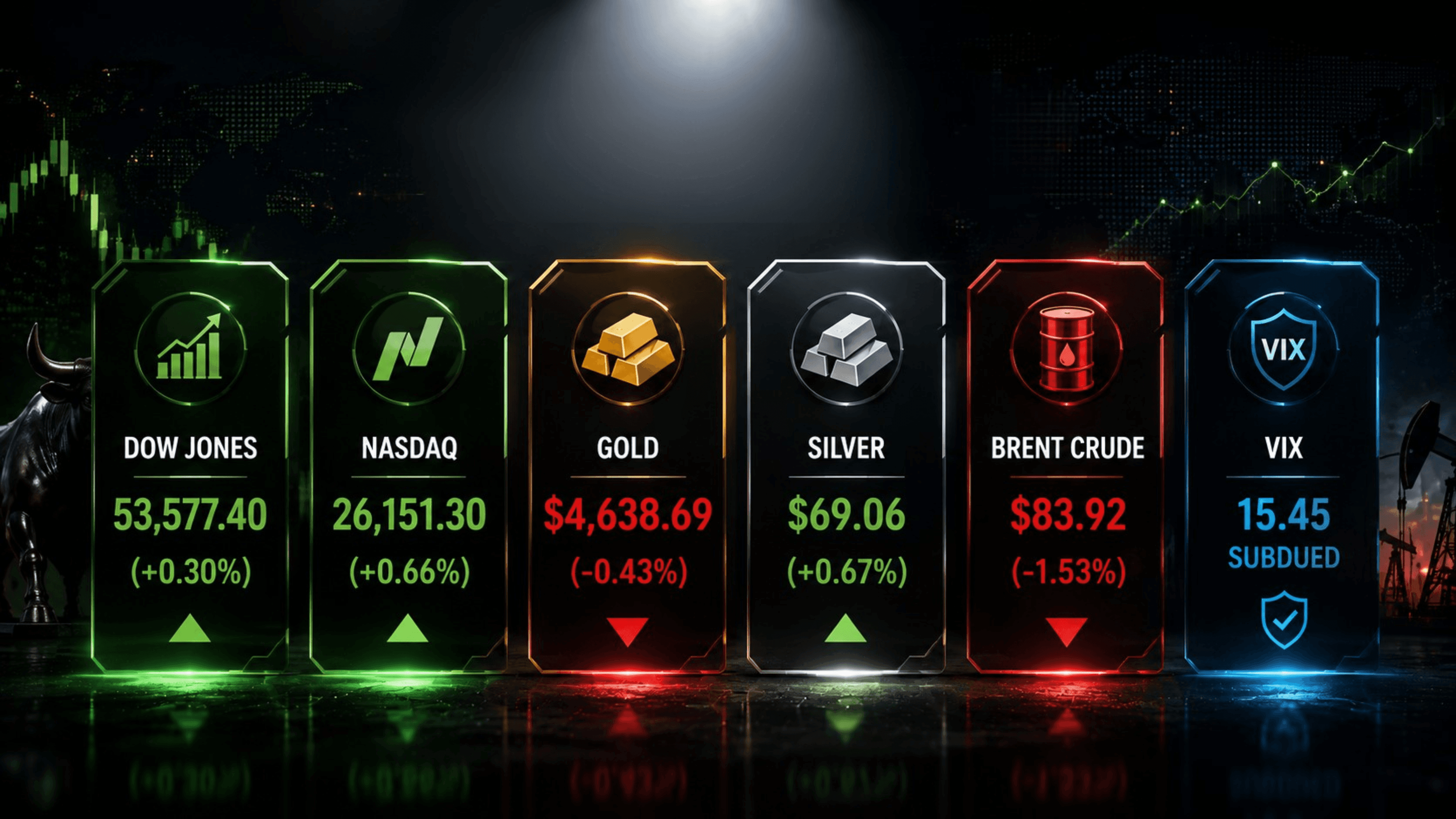 August 26, 2026 - Dow Rises 0.30% to 53,577.40, Gold Falls 0.43% to $4,638.69 and Brent Drops 1.53% to $83.92