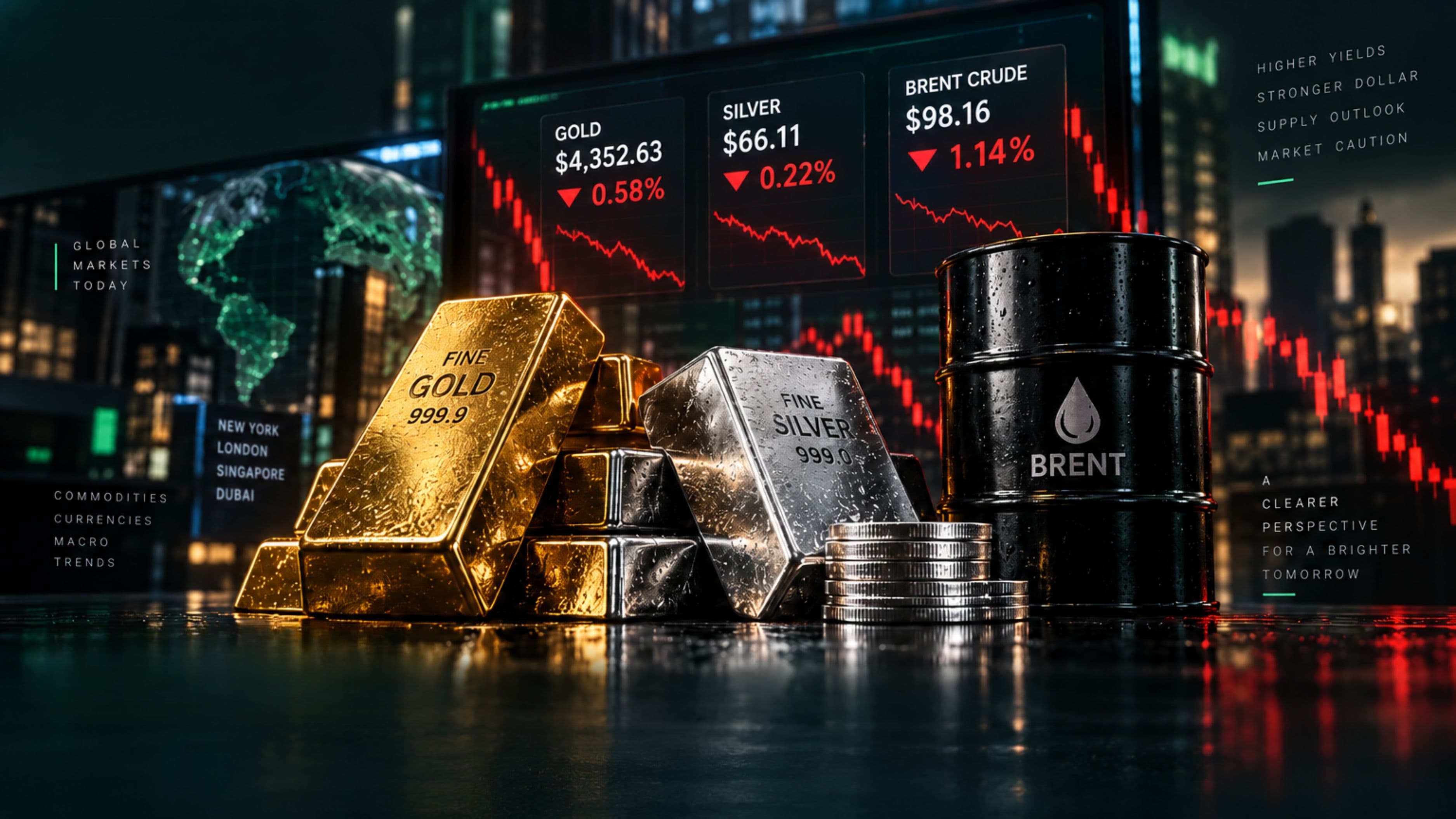 September 21, 2026 - Gold Falls 0.58% to $4,352.63, Silver Slips 0.22% to $66.11 and Brent Drops 1.14% to $98.16