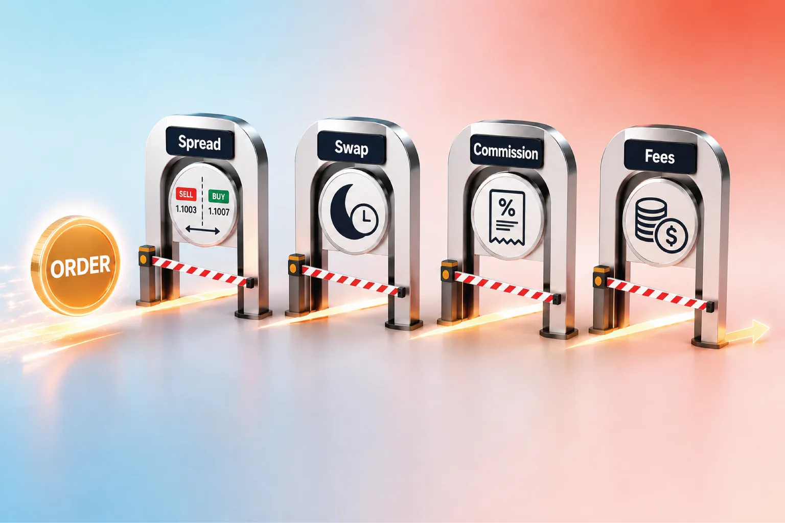 Centrino Capital CFD trading costs illustrated as four cards — spreads, commissions, overnight swap fees and execution costs — beside a candlestick chart