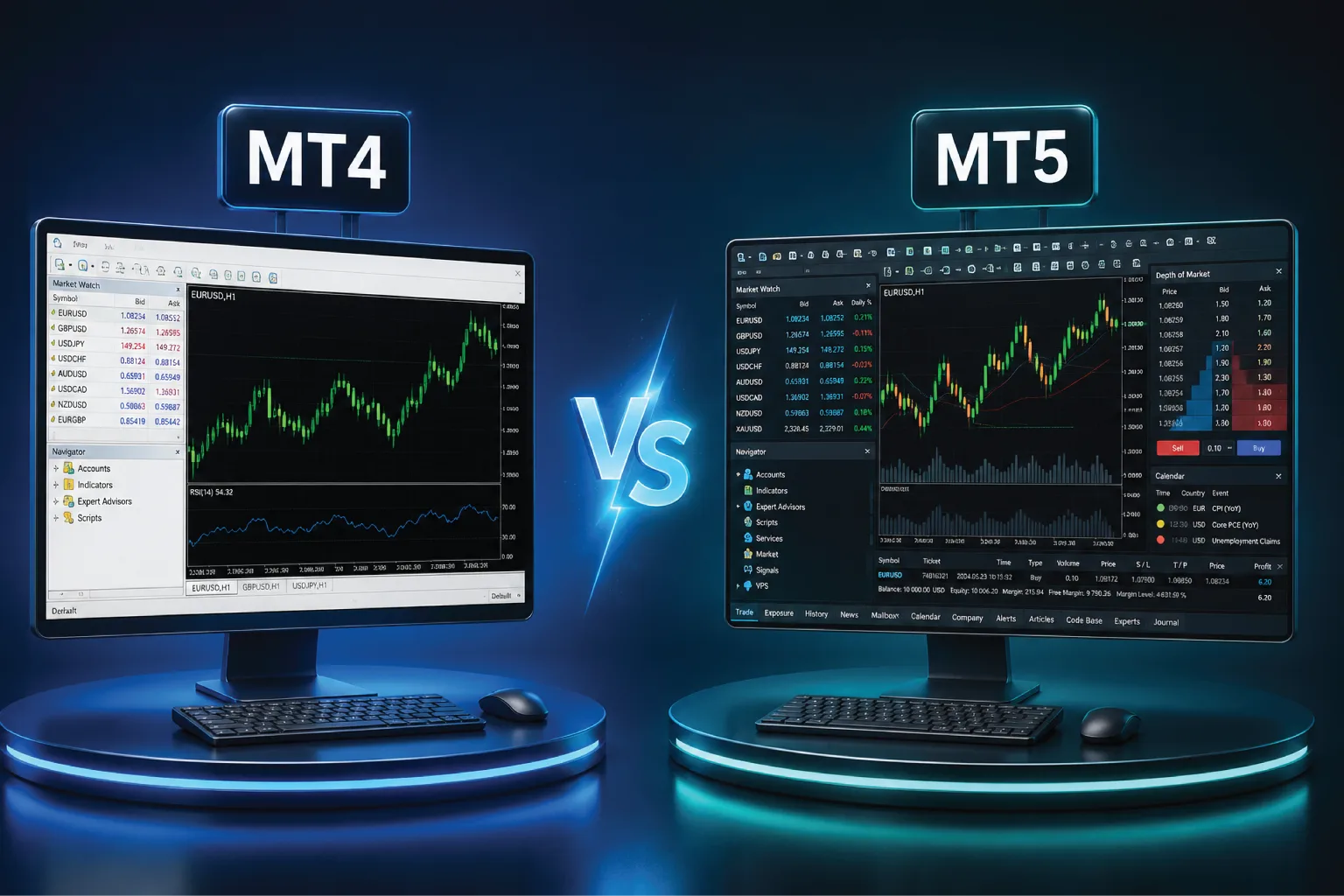MT4 vs MT5 comparison showing key MetaTrader platform differences in 2026