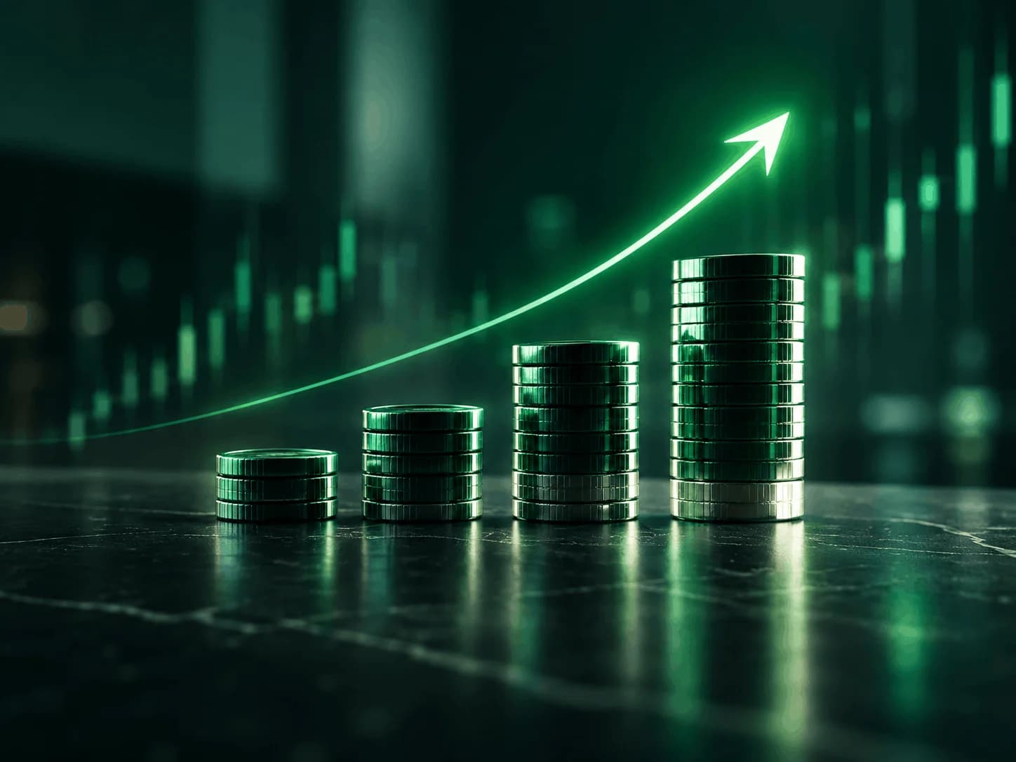 Rising stacks of coins beneath an upward trend arrow