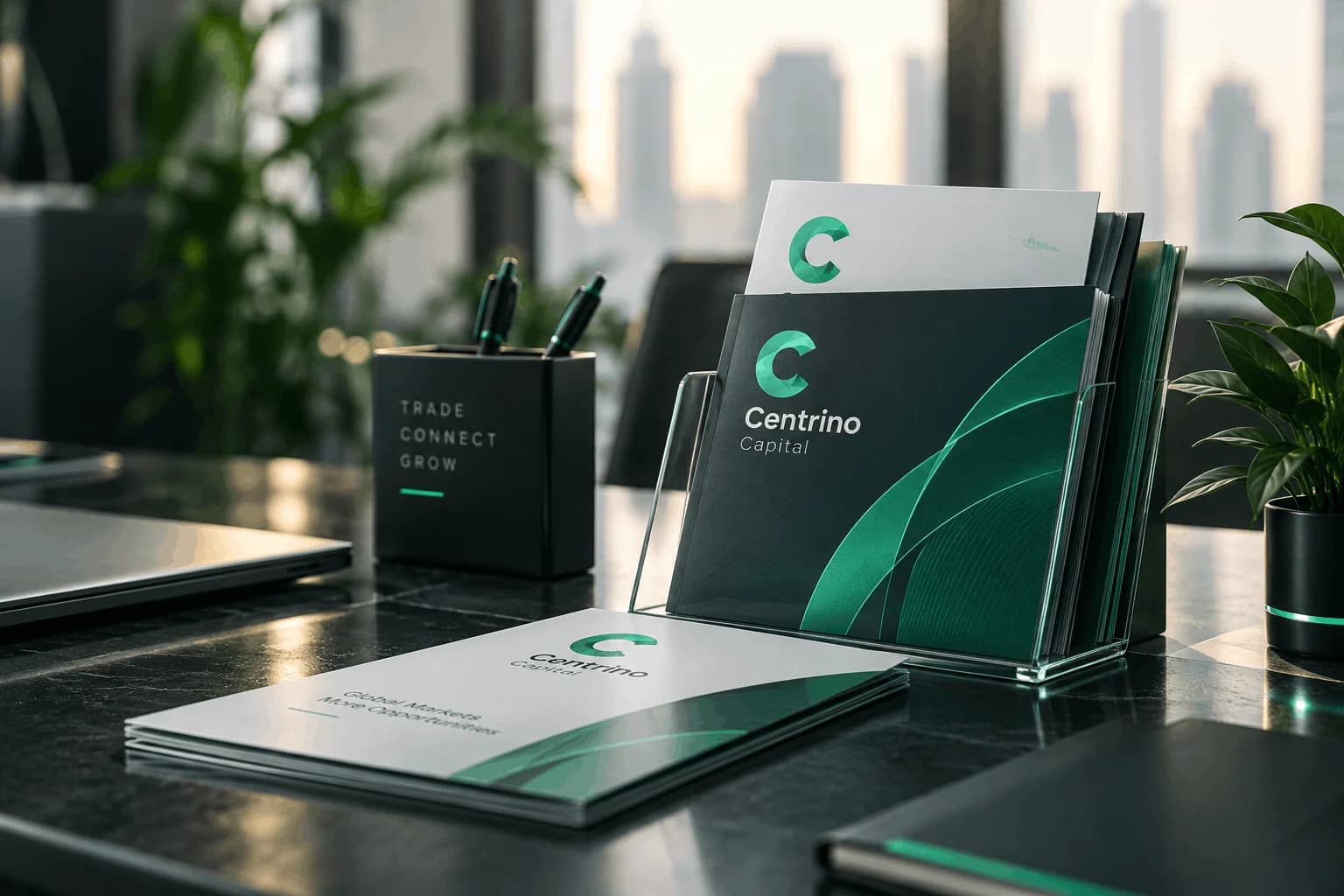 Centrino Capital branded brochures and stationery on a desk