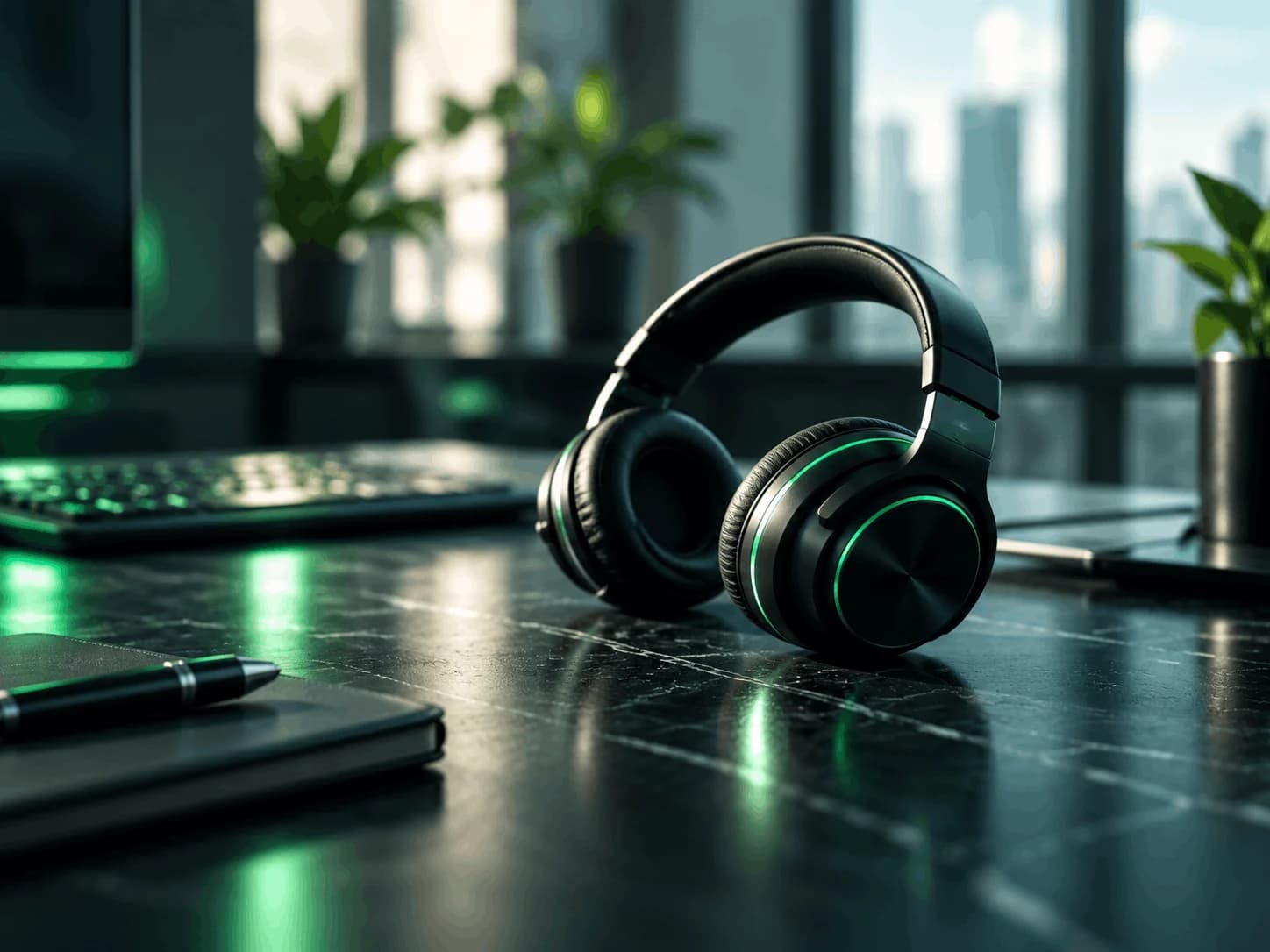 Support headset resting on a desk in an office