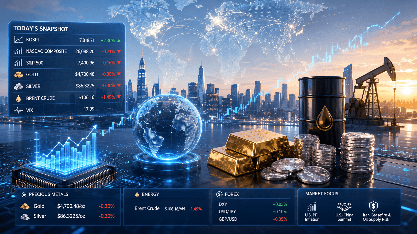 May 22, 2026 - Today’s Market News - Brent Crude Drops 5.72% to $98.35, Silver Falls 0.91% to $75.986, and Dollar Index Rises 0.15% to 99.252