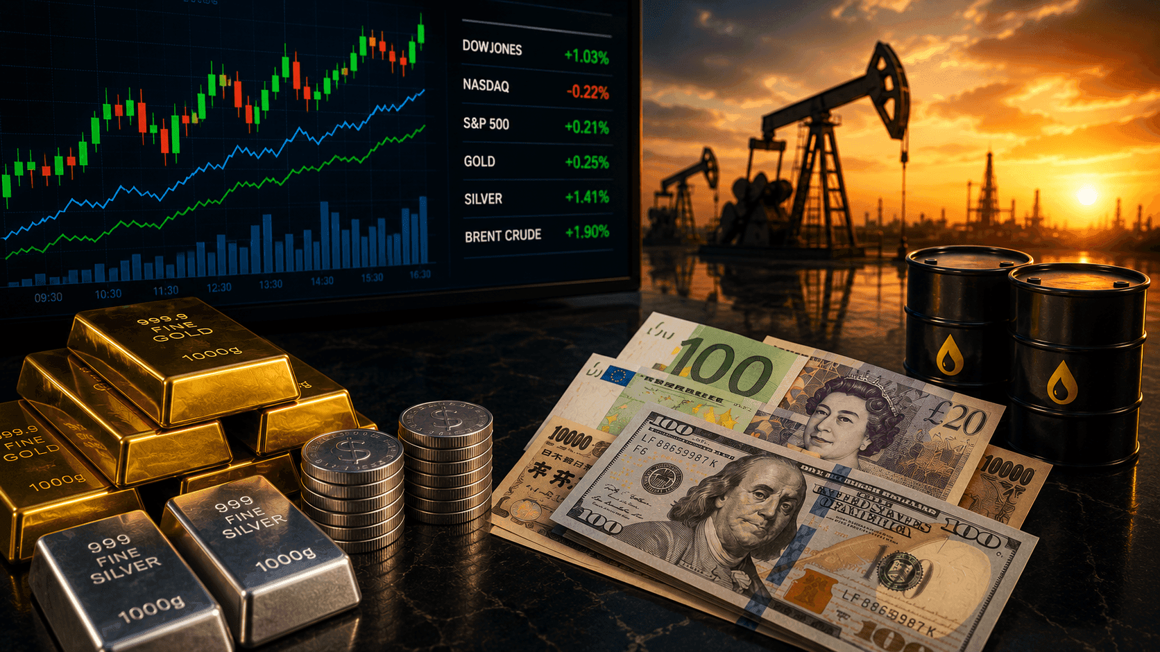 July 29, 2026 - Dow Rises 1.03%, Gold Gains 0.25% and Brent Crude Climbs 1.90% Ahead of the Federal Reserve Decision