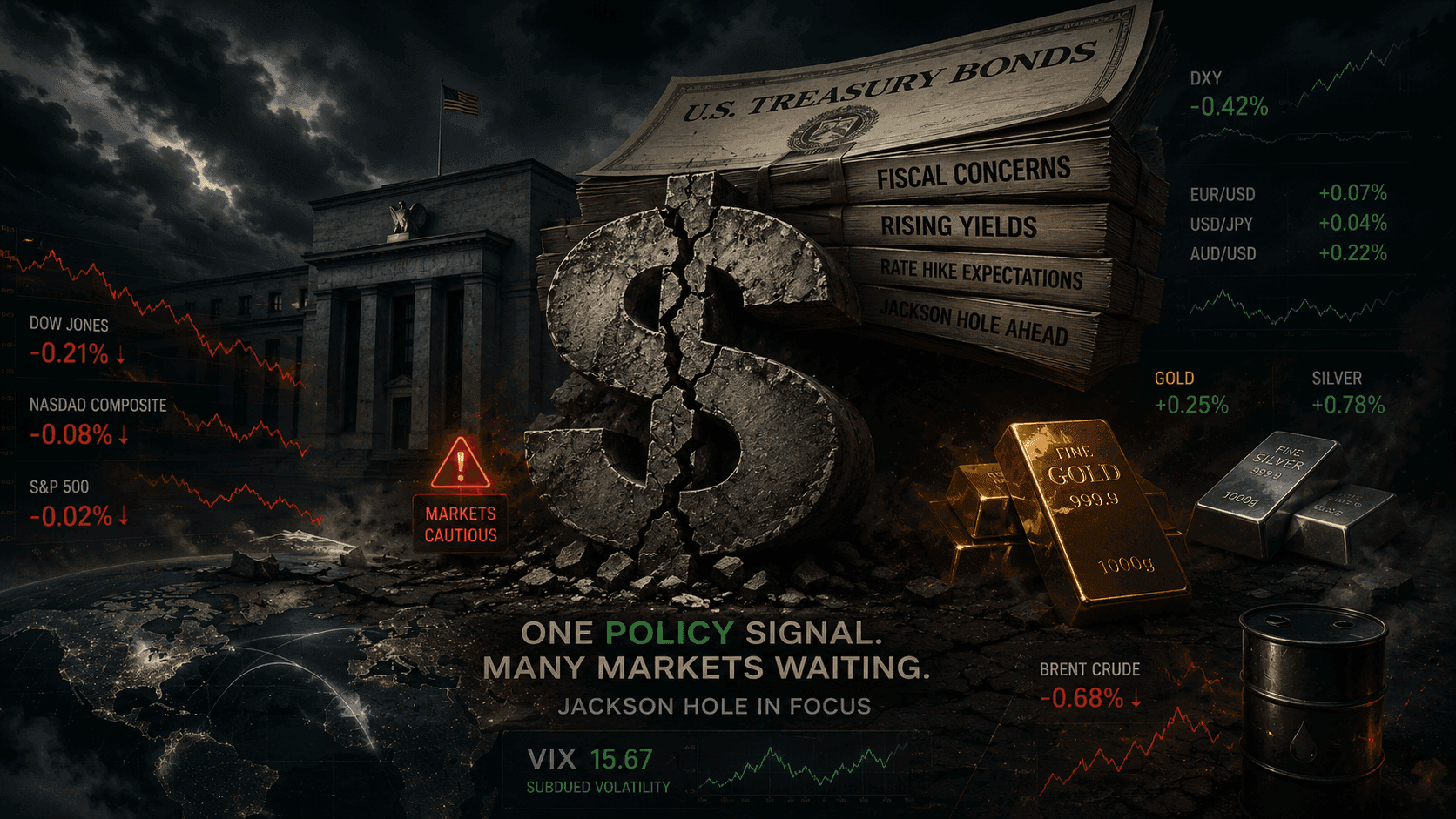 August 27, 2026 - Dow Falls 0.21% to 53,463.88, Gold Rises 0.25% to $4,606.29 and Brent Drops 0.68% to $84.51