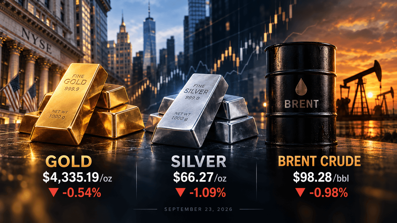 September 23, 2026 - Gold Falls 0.54% to $4,335.19, Silver Drops 1.09% to $66.27 and Brent Slips 0.98% to $98.28