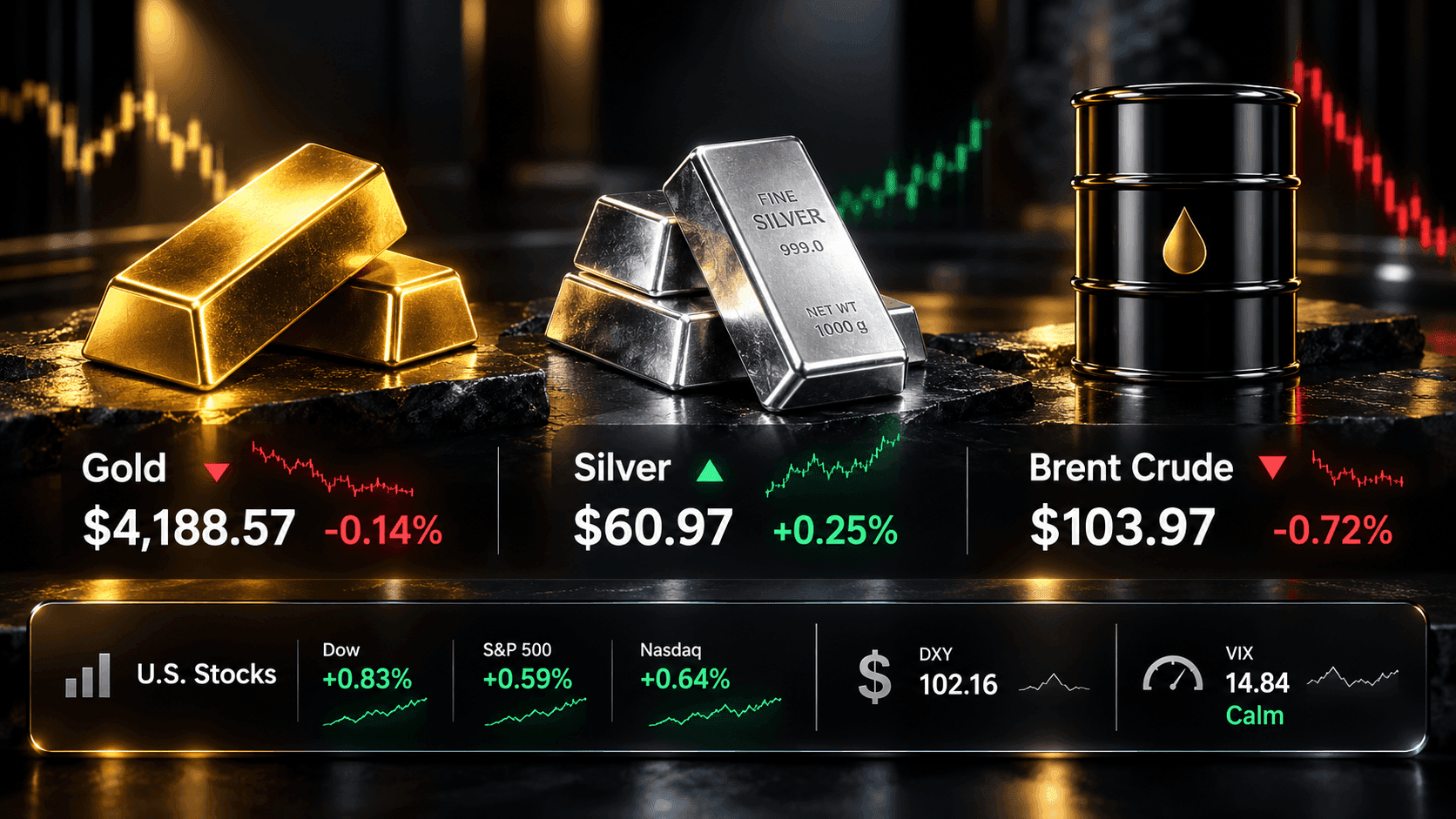 October 12, 2026 - Gold Slips 0.14% to $4,188.57, Silver Edges Up 0.25% to $60.97 and Brent Falls 0.72% to $103.97