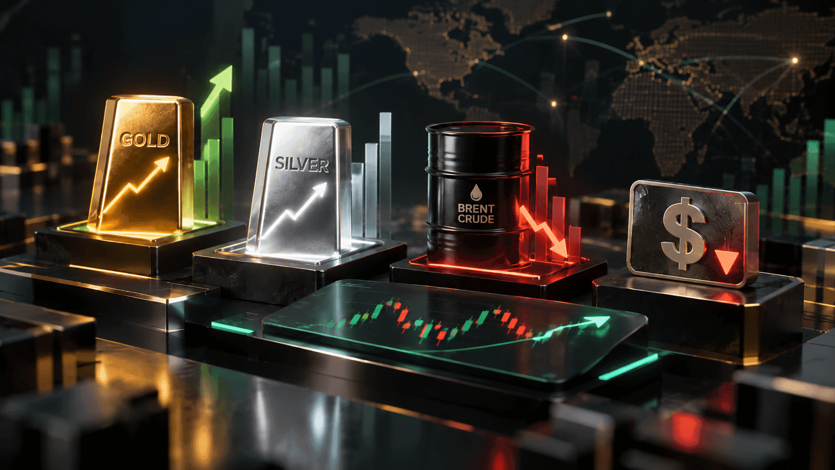 October 16, 2026 - Gold Rises 0.11% to $4,175.30, Silver Gains 0.33% to $57.62 and Brent Falls 0.83% to $105.04