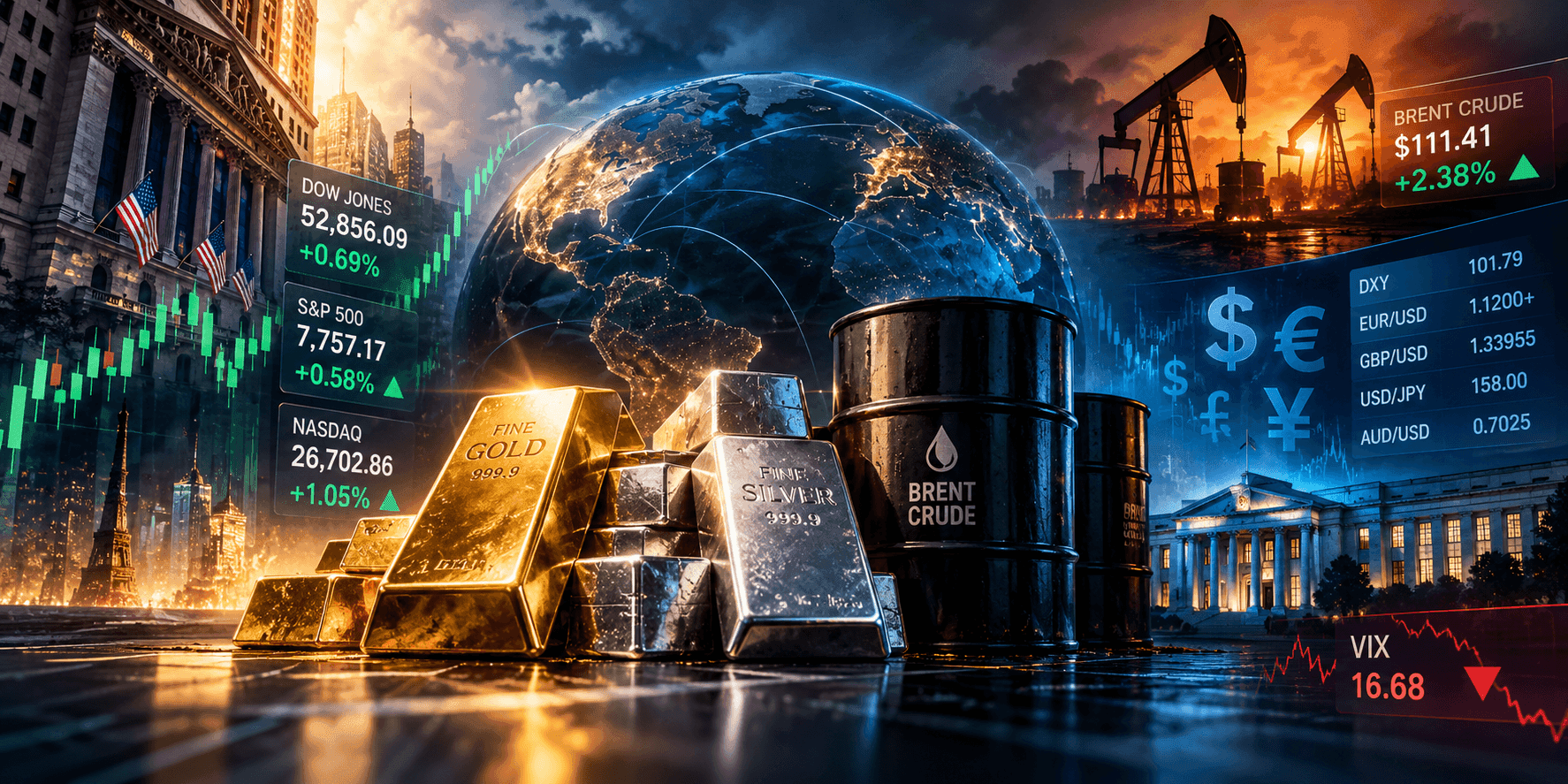 October 22, 2026 - Gold Falls 1.46% to $4,080.79, Silver Drops 3.11% to $56.17 and Brent Rises 2.38% to $111.41